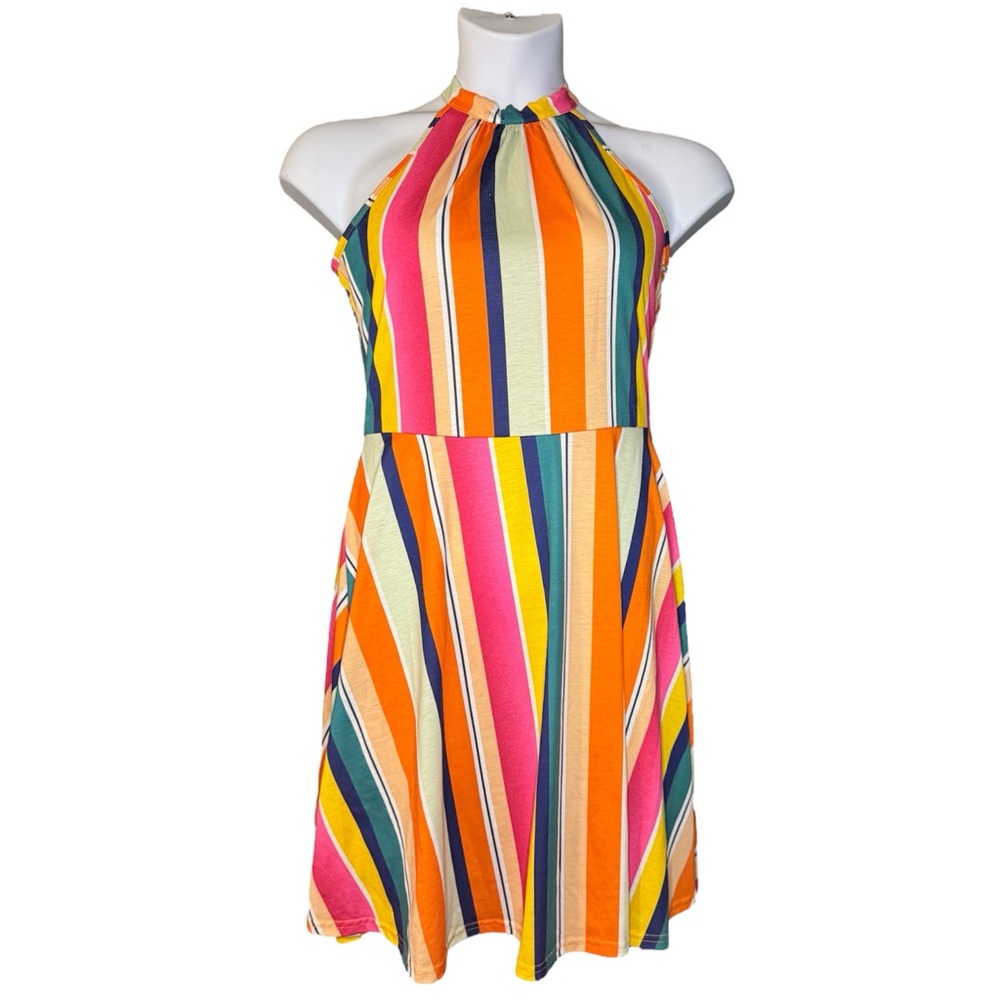 🐿️ Multicolor Striped Halter Dress with Back Tie Size L